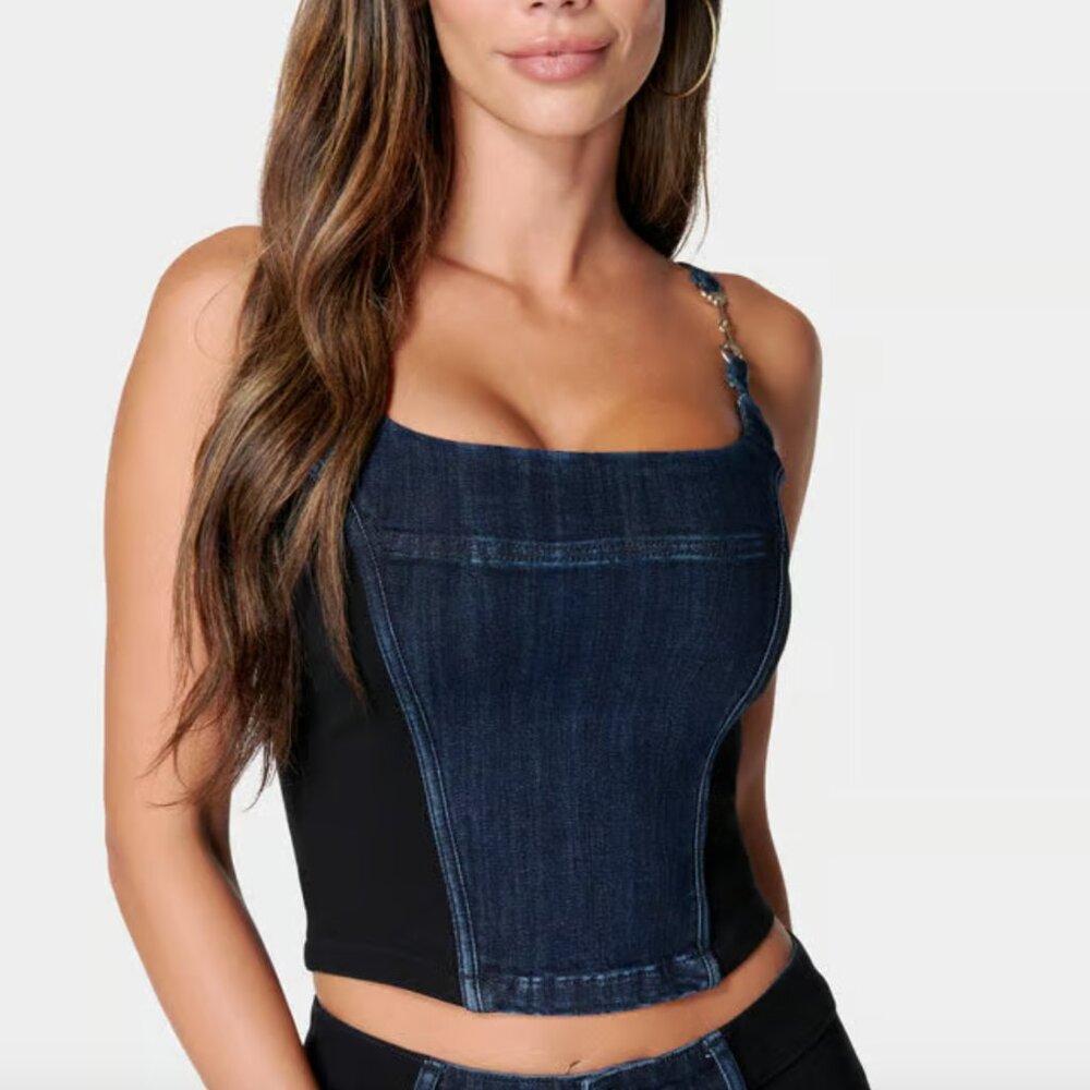 Bebe Metal Trim Detail Knit Combo Denim Bustier